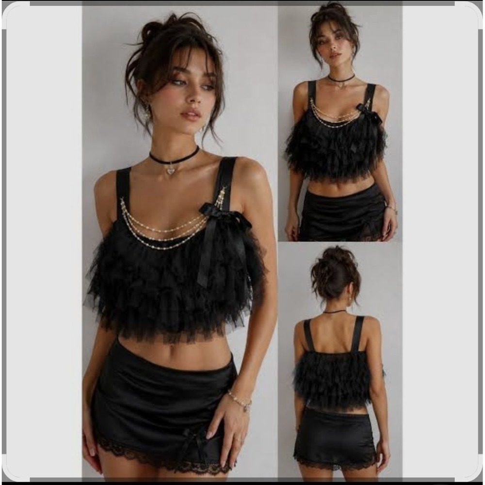 Y2K Victoria's Secret Black Tulle Pearl Chain Crop Top Lrg. Rare NWOT 1141